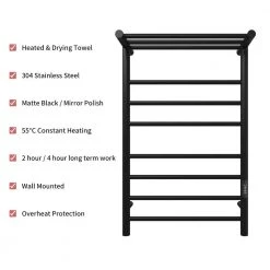 KWW 7-Bars Stainless Steel Wall Mounted Electric Towel Warmer Rack with Top Shelf in Matte Black -Toilet Storage Shop 7 bars matte black kww towel warmers ktw02 2132b 44 1000