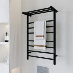 KWW 7-Bars Stainless Steel Wall Mounted Electric Towel Warmer Rack with Top Shelf in Matte Black -Toilet Storage Shop 7 bars matte black kww towel warmers ktw02 2132b 76 1000