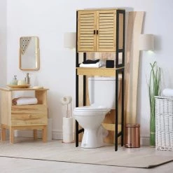 Evideco Cebu 24 in. W x 68 in. H x 8.8 in. D Brown MDF Over-the-Toilet Storage in Bamboo and Black -Toilet Storage Shop bamboo black evideco over the toilet storage 9904704 1f 1000