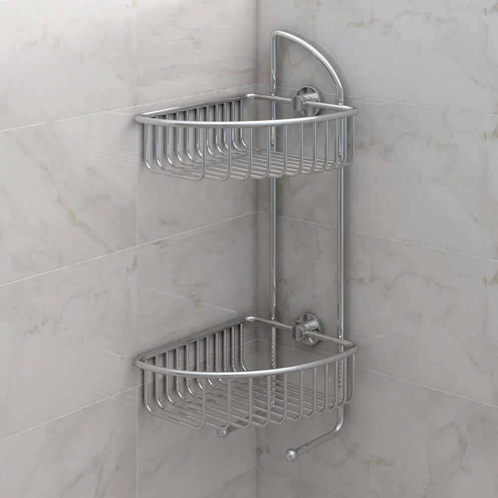 No Drilling Required Draad Rustproof Solid Brass Shower Caddy 16 in. Double Shelf Corner Mount with Hook in Chrome 7 No Drilling Required Draad Rustproof Solid Brass Shower Caddy 16 in. Double Shelf Corner Mount with Hook in Chrome - Image 5