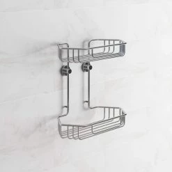 No Drilling Required Draad Rustproof Solid Brass Shower Caddy 11 in. Double Shelf- Angled in Chrome 12 No Drilling Required Draad Rustproof Solid Brass Shower Caddy 11 in. Double Shelf- Angled in Chrome -Toilet Storage Shop chrome no drilling required shower caddies dk240 chr c3 1000