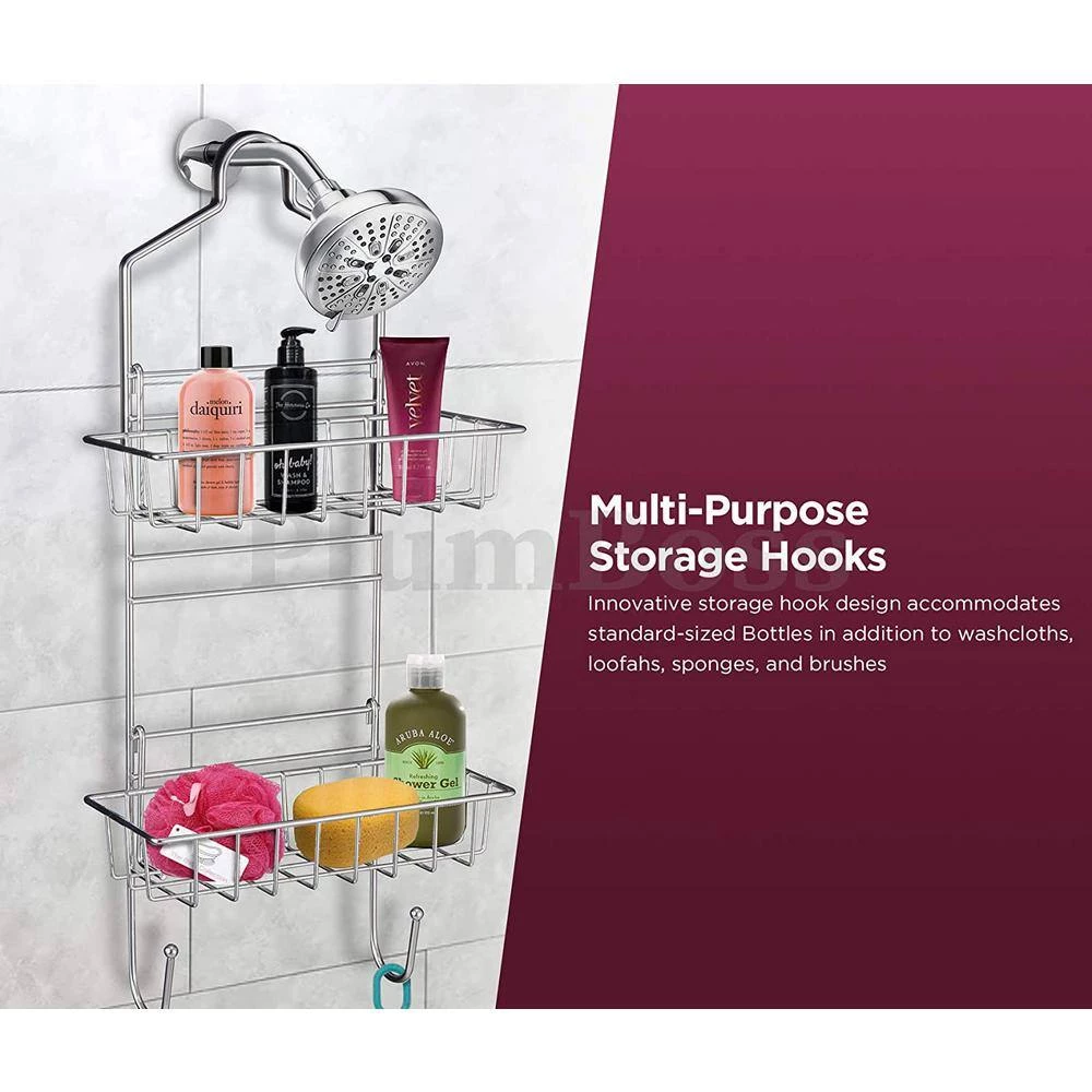 The Plumber's Choice Shower Caddy Over Shower Head Basket Shelf with Hooks Hanging Sponge Shampoo Holder Organizer Stainless Steel in Chrome 4 The Plumber's Choice Shower Caddy Over Shower Head Basket Shelf with Hooks Hanging Sponge Shampoo Holder Organizer Stainless Steel in Chrome - Image 2