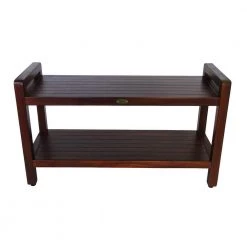 DecoTeak Classic 35 in. Extended LENGTH Ergonomic Teak Shower Stool with LiftAid Arms And Shelf