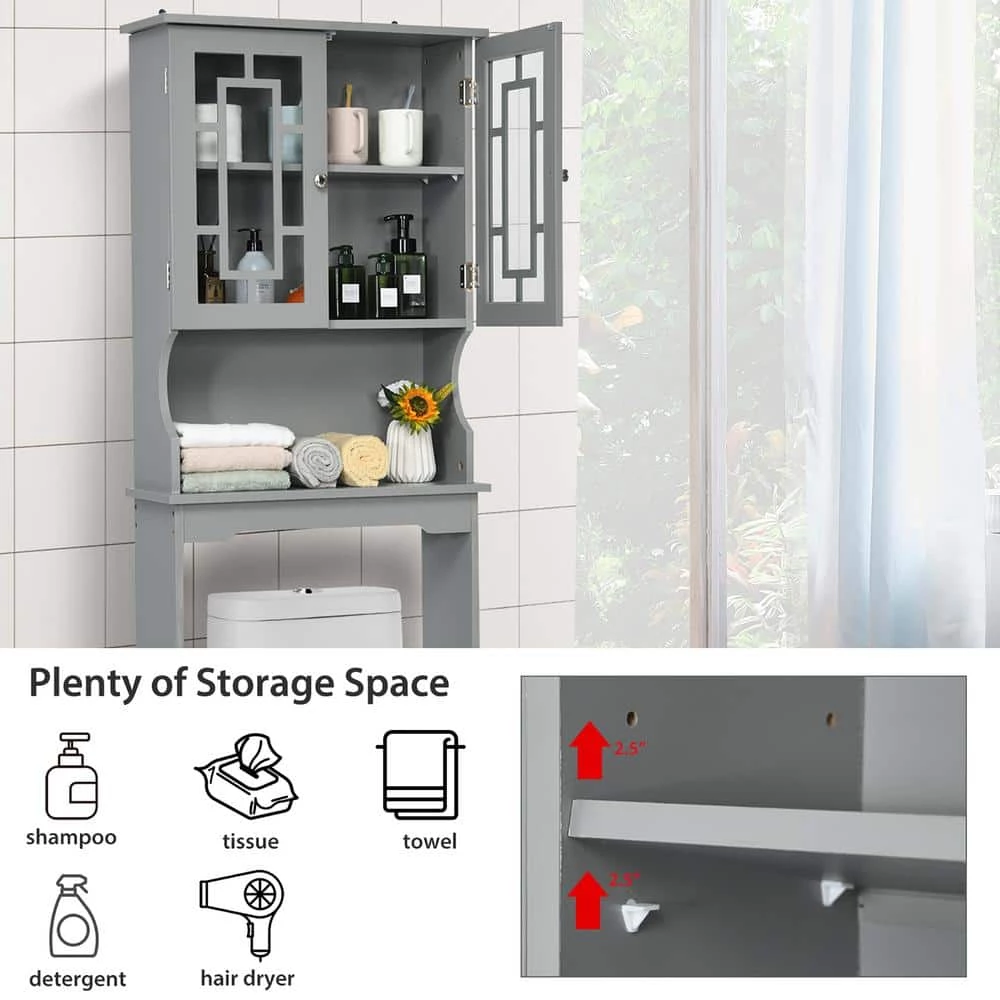 Costway 23.5 in. W x 67 in. H x 8.5 in. D Space Saver Gray Wood Over-the-Toilet Storage with Adjustable Shelf and Doors 9 Costway 23.5 in. W x 67 in. H x 8.5 in. D Space Saver Gray Wood Over-the-Toilet Storage with Adjustable Shelf and Doors - Image 7