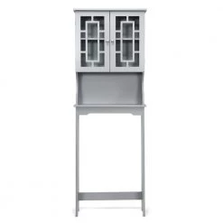Costway 23.5 in. W x 67 in. H x 8.5 in. D Space Saver Gray Wood Over-the-Toilet Storage with Adjustable Shelf and Doors
