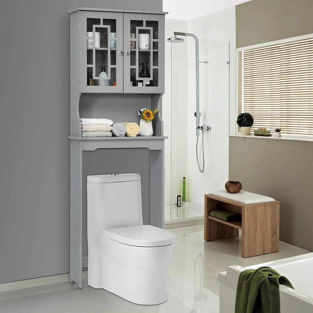 Costway 23.5 in. W x 67 in. H x 8.5 in. D Space Saver Gray Wood Over-the-Toilet Storage with Adjustable Shelf and Doors 4 Costway 23.5 in. W x 67 in. H x 8.5 in. D Space Saver Gray Wood Over-the-Toilet Storage with Adjustable Shelf and Doors - Image 2