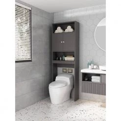 FORCLOVER 9.05 in. W x 62 in. H x 23.62 in. D Gray MDF Over-the-Toilet Storage with Top Cabinet -Toilet Storage Shop gray forclover over the toilet storage danfefc08 76 1000