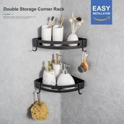 Rainlex Double Layer Wall Mount and Screw Free Shower Caddy Mount with Hooks in Matte Black -Toilet Storage Shop matte black shower caddies w1235h 2 31 1000