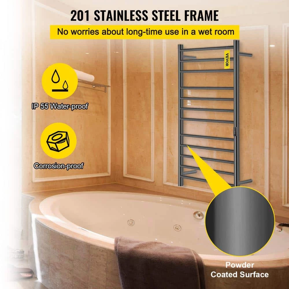 VEVOR 23.6 in. x 48 in. Plug-In Electric Towel Warmer 12-Bar Stainless Steel Heated Towel Rack with Timer for Bath Matte Black 5 VEVOR 23.6 in. x 48 in. Plug-In Electric Towel Warmer 12-Bar Stainless Steel Heated Towel Rack with Timer for Bath Matte Black - Image 3