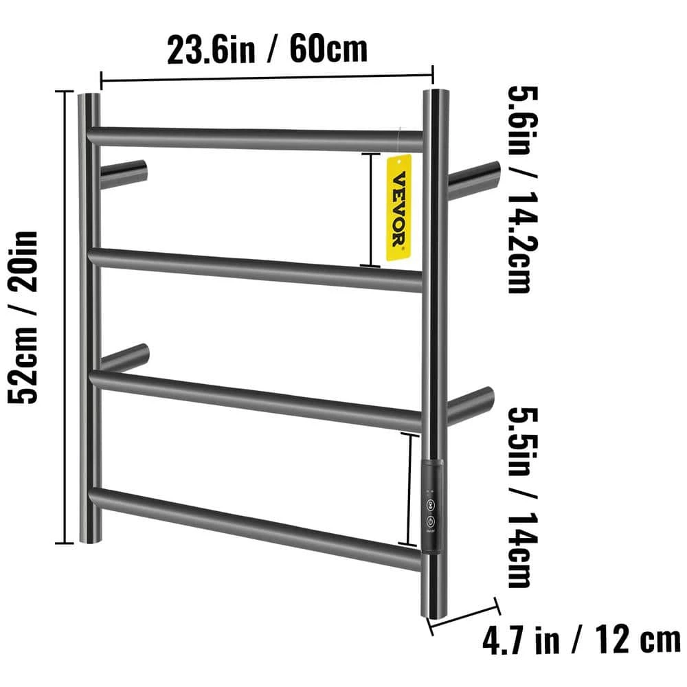 VEVOR 23.6 x 20 in. Electric Towel Warmer Rack 4-Bar Stainless Steel Heated Towel Rack with Timer for Bath, Matte Black 4 VEVOR 23.6 x 20 in. Electric Towel Warmer Rack 4-Bar Stainless Steel Heated Towel Rack with Timer for Bath, Matte Black - Image 2