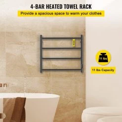 VEVOR 23.6 x 20 in. Electric Towel Warmer Rack 4-Bar Stainless Steel Heated Towel Rack with Timer for Bath, Matte Black 12 VEVOR 23.6 x 20 in. Electric Towel Warmer Rack 4-Bar Stainless Steel Heated Towel Rack with Timer for Bath, Matte Black -Toilet Storage Shop matte black vevor towel warmers mjjrjpsy4110videtv1 c3 1000