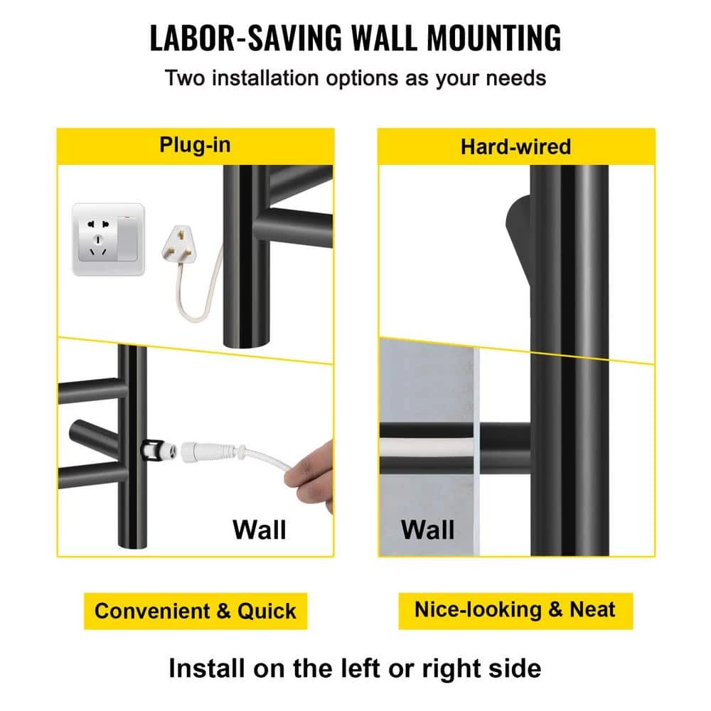 VEVOR 23.6 x 20 in. Electric Towel Warmer Rack 4-Bar Stainless Steel Heated Towel Rack with Timer for Bath, Matte Black 9 VEVOR 23.6 x 20 in. Electric Towel Warmer Rack 4-Bar Stainless Steel Heated Towel Rack with Timer for Bath, Matte Black - Image 7