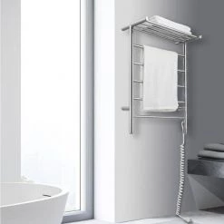 Ancona Miazzo 5-Bar Electric Wall Mount Plug-In and Hardwire Towel Warmer with Shelf in Polished Stainless Steel -Toilet Storage Shop polished ancona towel warmers an 5445 44 1000