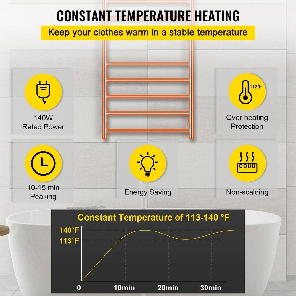 VEVOR 10-Bar Plug-In Electric Towel Warmer 23.6 x 47 in. Stainless Steel Hardwired Towel Warmer with Timer for Bath, Silver 6 VEVOR 10-Bar Plug-In Electric Towel Warmer 23.6 x 47 in. Stainless Steel Hardwired Towel Warmer with Timer for Bath, Silver - Image 4