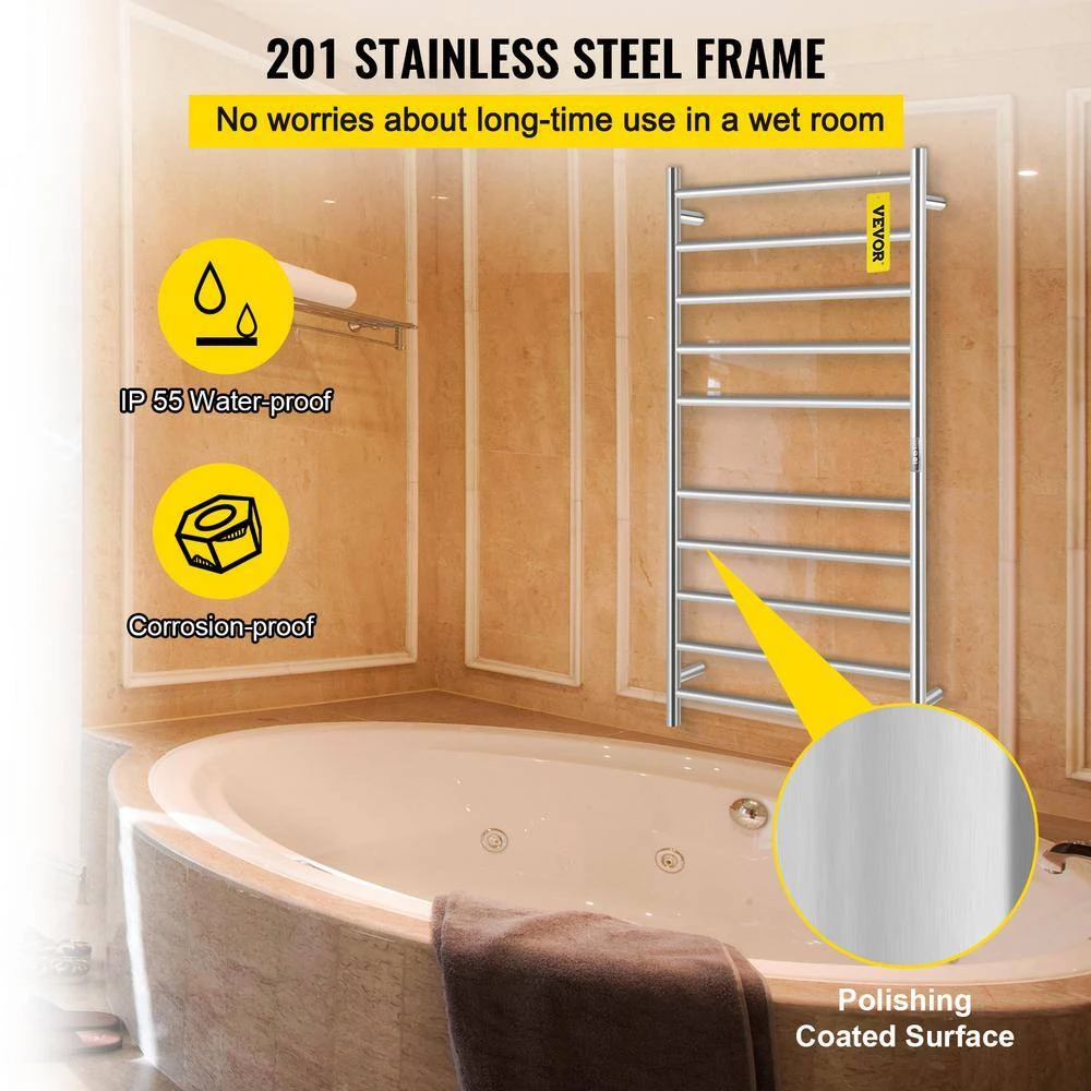 VEVOR 10-Bar Plug-In Electric Towel Warmer 23.6 x 47 in. Stainless Steel Hardwired Towel Warmer with Timer for Bath, Silver 5 VEVOR 10-Bar Plug-In Electric Towel Warmer 23.6 x 47 in. Stainless Steel Hardwired Towel Warmer with Timer for Bath, Silver - Image 3