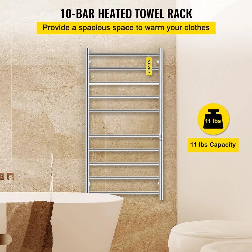 VEVOR 10-Bar Plug-In Electric Towel Warmer 23.6 x 47 in. Stainless Steel Hardwired Towel Warmer with Timer for Bath, Silver 4 VEVOR 10-Bar Plug-In Electric Towel Warmer 23.6 x 47 in. Stainless Steel Hardwired Towel Warmer with Timer for Bath, Silver - Image 2