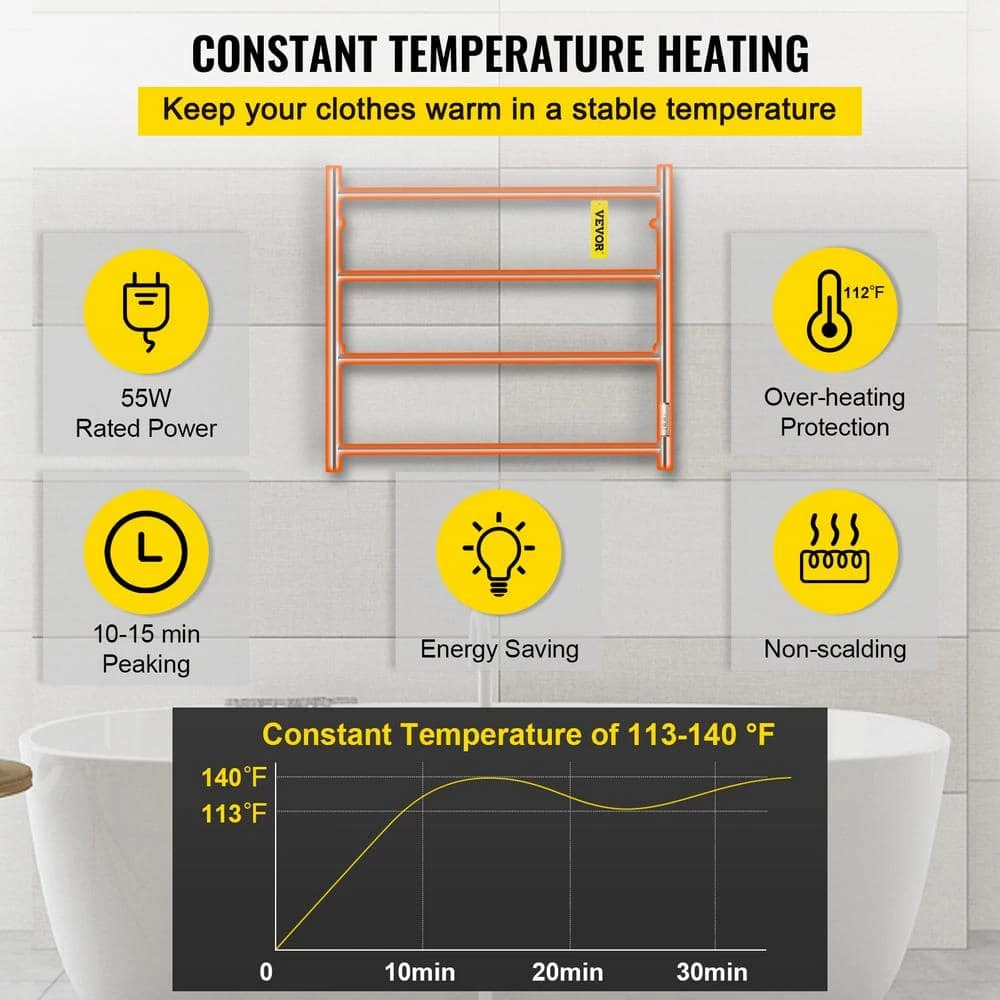 VEVOR Heated Towel Rack 4-Bar Polished Stainless Steel Electric Towel Warmer with Timer Towel Warmer Rack,UL Certificated 6 VEVOR Heated Towel Rack 4-Bar Polished Stainless Steel Electric Towel Warmer with Timer Towel Warmer Rack,UL Certificated - Image 4