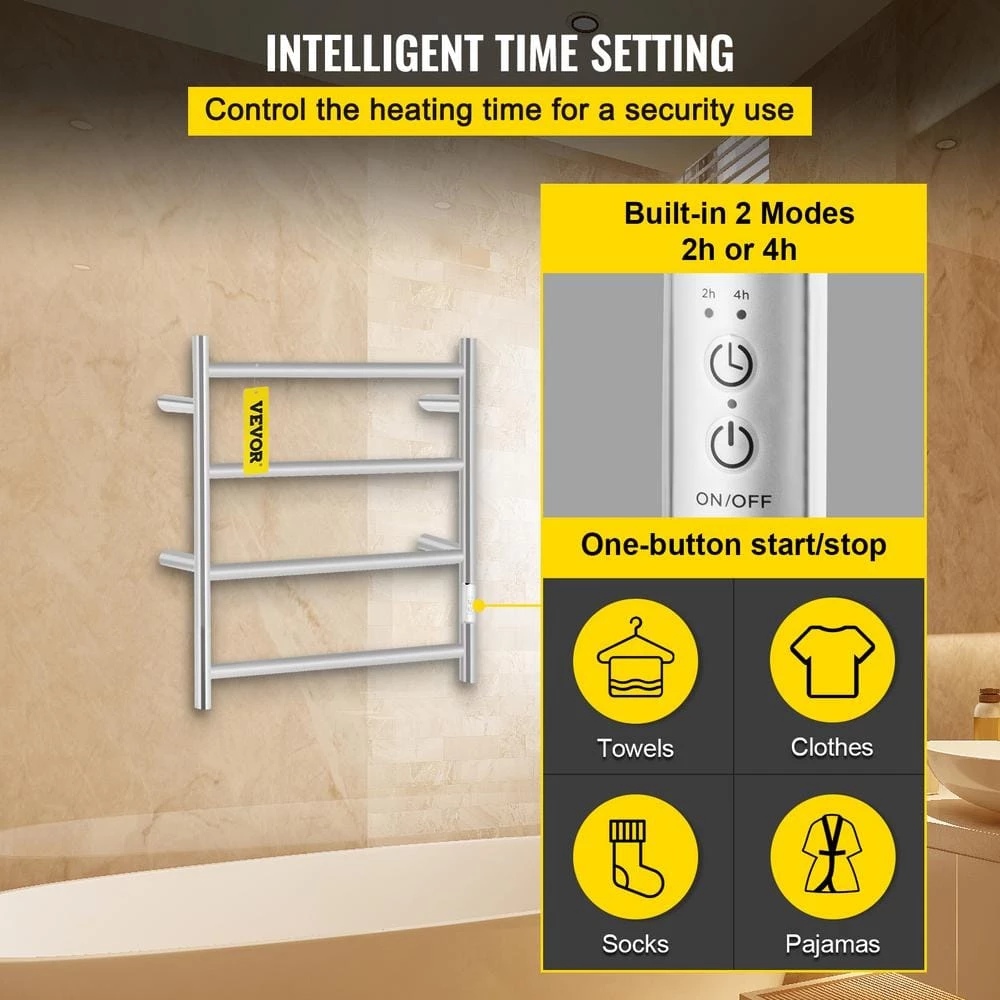 VEVOR Heated Towel Rack 4-Bar Polished Stainless Steel Electric Towel Warmer with Timer Towel Warmer Rack,UL Certificated 7 VEVOR Heated Towel Rack 4-Bar Polished Stainless Steel Electric Towel Warmer with Timer Towel Warmer Rack,UL Certificated - Image 5