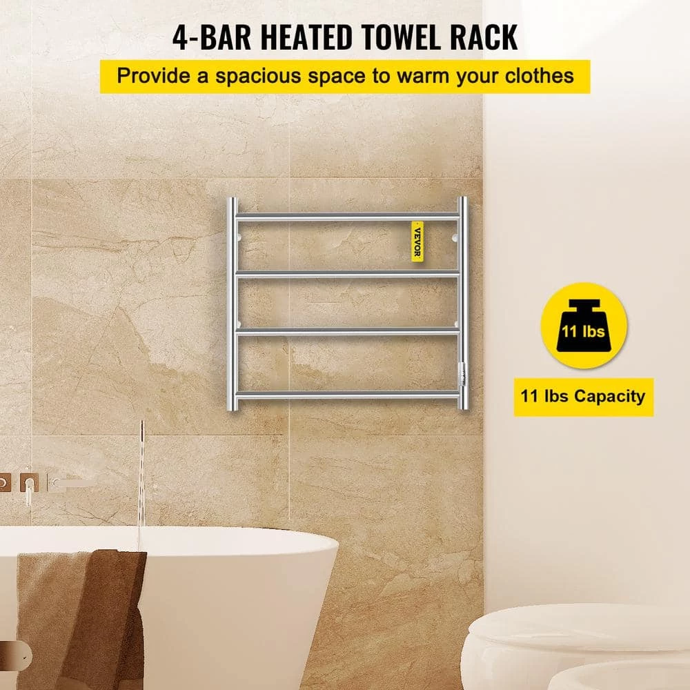 VEVOR Heated Towel Rack 4-Bar Polished Stainless Steel Electric Towel Warmer with Timer Towel Warmer Rack,UL Certificated 4 VEVOR Heated Towel Rack 4-Bar Polished Stainless Steel Electric Towel Warmer with Timer Towel Warmer Rack,UL Certificated - Image 2