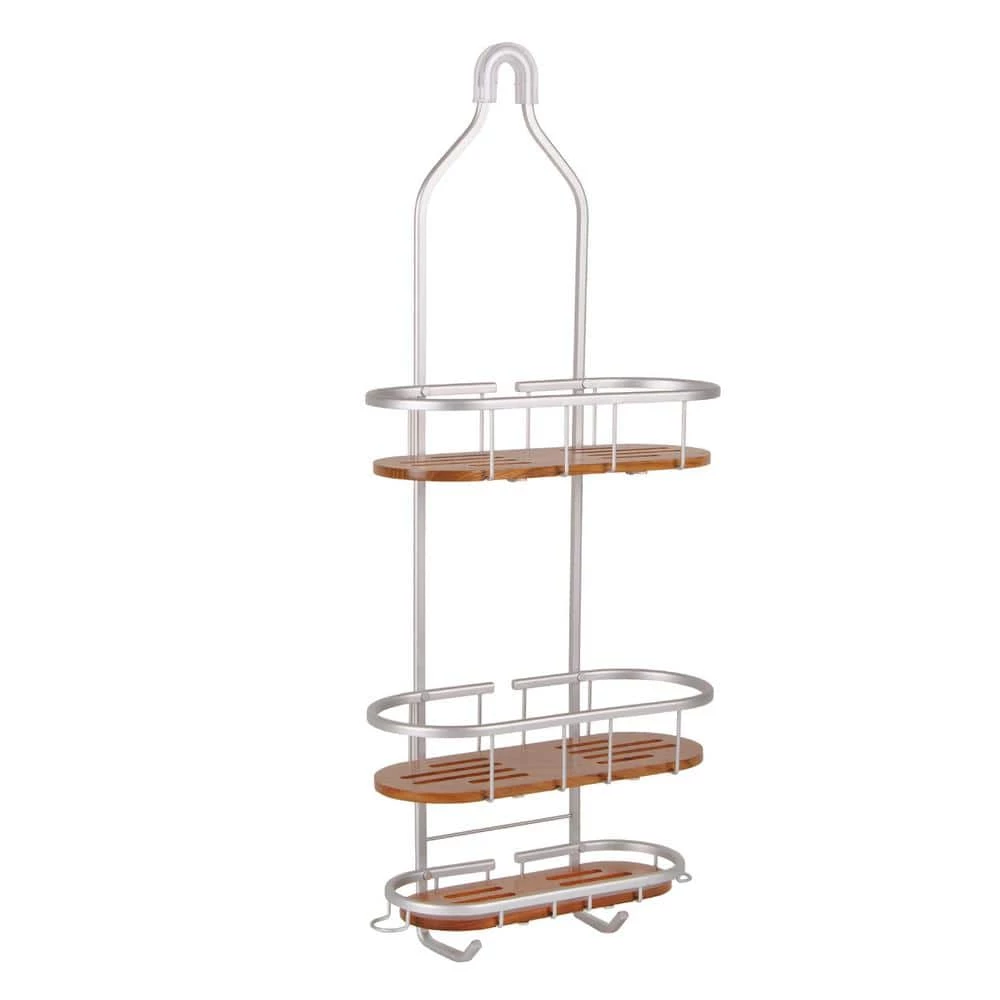 Utopia Alley Tia Over-the-Showerhead Caddy in Rustproof Satin Chrome Finish with 3 Teak Shelves 3 Utopia Alley Tia Over-the-Showerhead Caddy in Rustproof Satin Chrome Finish with 3 Teak Shelves