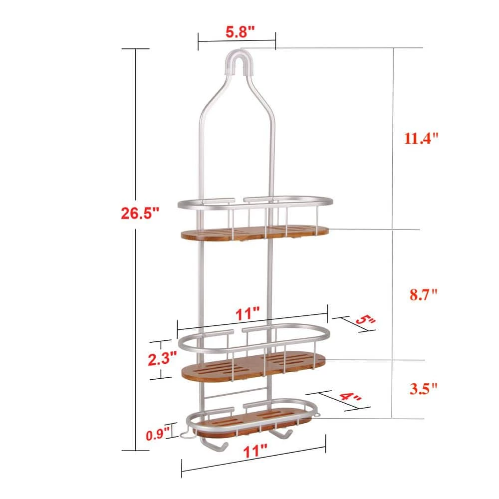 Utopia Alley Tia Over-the-Showerhead Caddy in Rustproof Satin Chrome Finish with 3 Teak Shelves 4 Utopia Alley Tia Over-the-Showerhead Caddy in Rustproof Satin Chrome Finish with 3 Teak Shelves - Image 2
