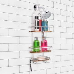 Utopia Alley Tia Over-the-Showerhead Caddy in Rustproof Satin Chrome Finish with 3 Teak Shelves 12 Utopia Alley Tia Over-the-Showerhead Caddy in Rustproof Satin Chrome Finish with 3 Teak Shelves -Toilet Storage Shop satin chrome utopia alley shower caddies shc6tk c3 1000
