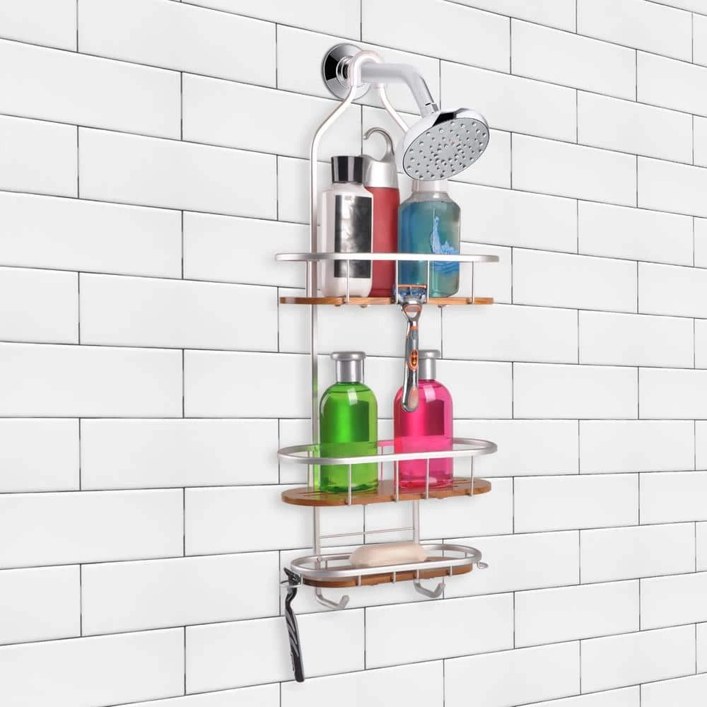 Utopia Alley Tia Over-the-Showerhead Caddy in Rustproof Satin Chrome Finish with 3 Teak Shelves 5 Utopia Alley Tia Over-the-Showerhead Caddy in Rustproof Satin Chrome Finish with 3 Teak Shelves - Image 3