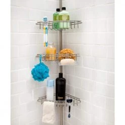 Kenney 3-Tier Stainless Steel Spring Tension Shower Corner Pole Caddy with Four Clip-on Hooks and Razor Holders in Satin Nickel -Toilet Storage Shop satin nickel kenney shower caddies kn61520v1 31 1000