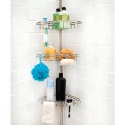 Kenney 3-Tier Stainless Steel Spring Tension Shower Corner Pole Caddy with Four Clip-on Hooks and Razor Holders in Satin Nickel -Toilet Storage Shop satin nickel kenney shower caddies kn61520v1 fa 1000