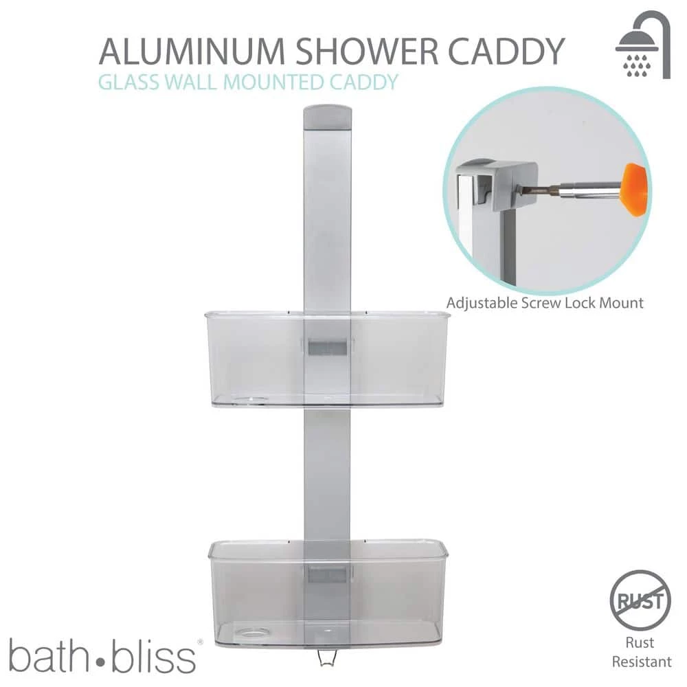 Bath Bliss Adjustable Rust Proof Aluminum 2 Tier Glass Door Shower Caddy 4 Bath Bliss Adjustable Rust Proof Aluminum 2 Tier Glass Door Shower Caddy - Image 2