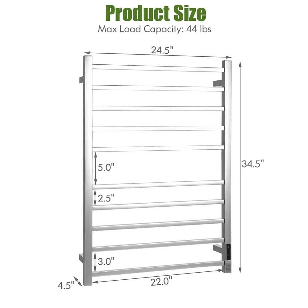 Costway 10 Bar Towel Warmer Wall Mounted Electric Heated Towel Rack w/Built-in Timer Silver 5 Costway 10 Bar Towel Warmer Wall Mounted Electric Heated Towel Rack w/Built-in Timer Silver - Image 3