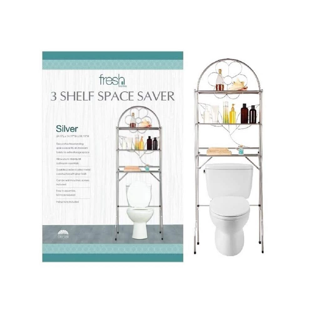 J&V TEXTILES Fresh Home 24.5 in. W x 68.11 in. H x 14.17 in. D Silver Metal 3-Shelf Over the Toilet Storage Space Saver in Silver 4 J&V TEXTILES Fresh Home 24.5 in. W x 68.11 in. H x 14.17 in. D Silver Metal 3-Shelf Over the Toilet Storage Space Saver in Silver - Image 2