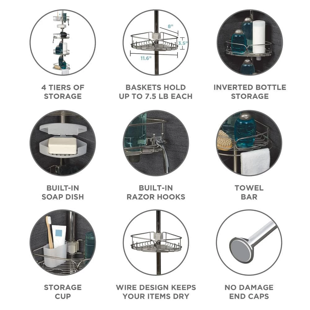 Zenna Home Rustproof Tension Pole Shower Caddy with 4 Baskets in Stainless Steel 6 Zenna Home Rustproof Tension Pole Shower Caddy with 4 Baskets in Stainless Steel - Image 4