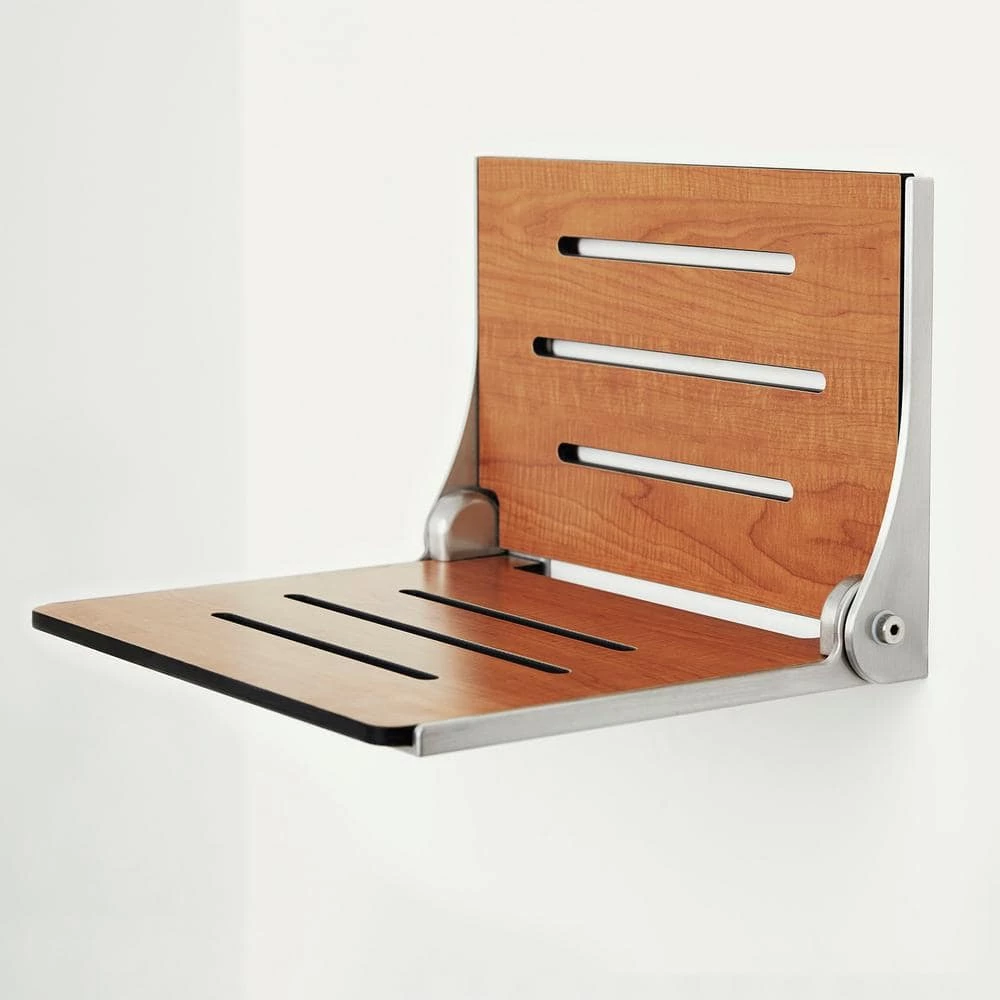 SEACHROME Silhouette Folding Wall Mount Shower Bench Seat in Teak Seat with Silver Frame 7 SEACHROME Silhouette Folding Wall Mount Shower Bench Seat in Teak Seat with Silver Frame - Image 5