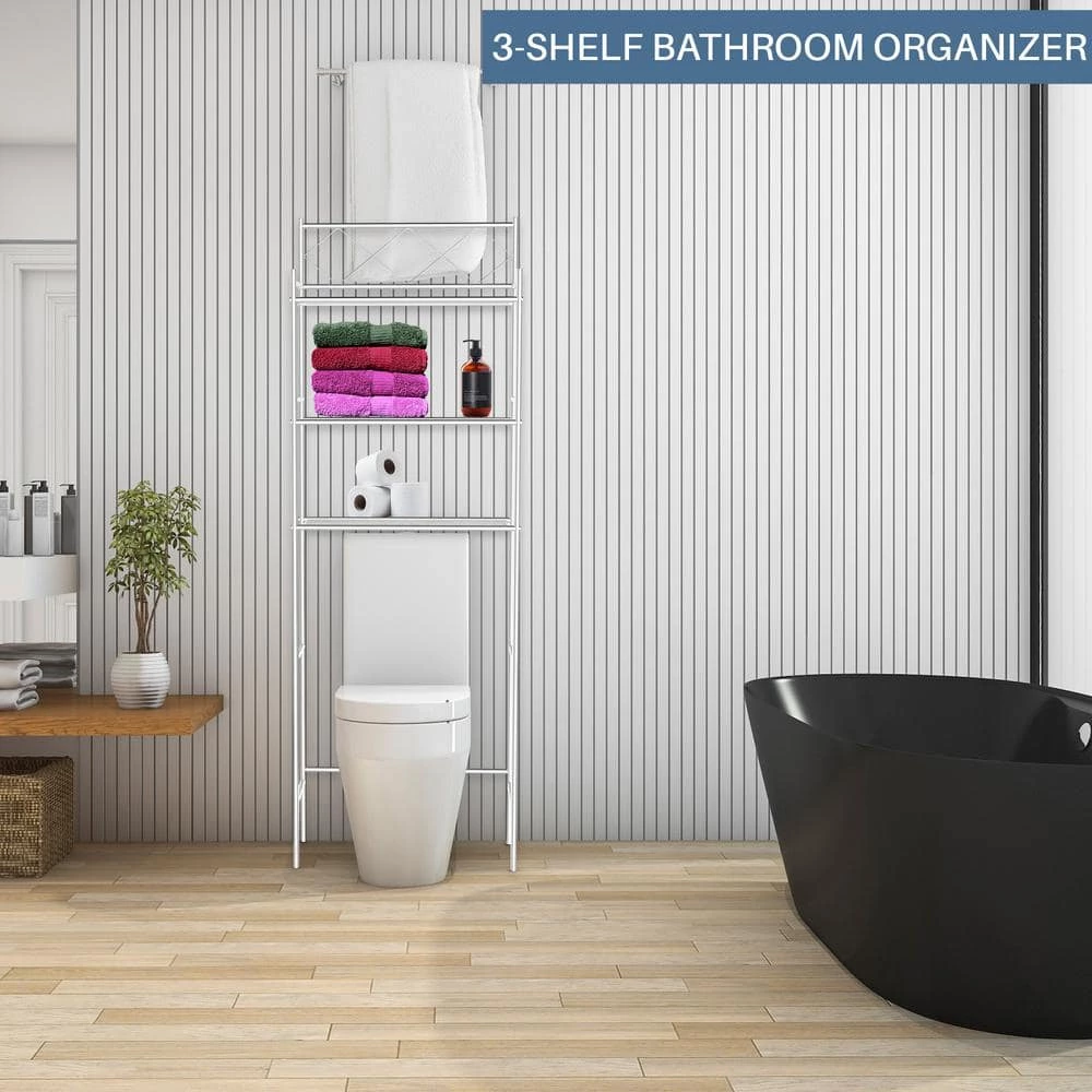 J&V TEXTILES Fresh Home 23.5 in. W x 65 in. H x 9.75 in. D White Metal 3-Shelf Over the Toilet Storage Space Saver in White 7 J&V TEXTILES Fresh Home 23.5 in. W x 65 in. H x 9.75 in. D White Metal 3-Shelf Over the Toilet Storage Space Saver in White - Image 5