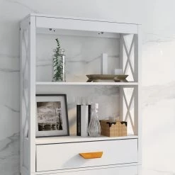 Unbranded 23.62 in. W x 64.96 in. H x 7.87 in. D White MDF Over the Toilet Storage Cabinet with a Drawer & 2 Shelves Bathroom Rack 13 Unbranded 23.62 in. W x 64.96 in. H x 7.87 in. D White MDF Over the Toilet Storage Cabinet with a Drawer & 2 Shelves Bathroom Rack -Toilet Storage Shop white over the toilet storage aybszhd1669 1f 1000