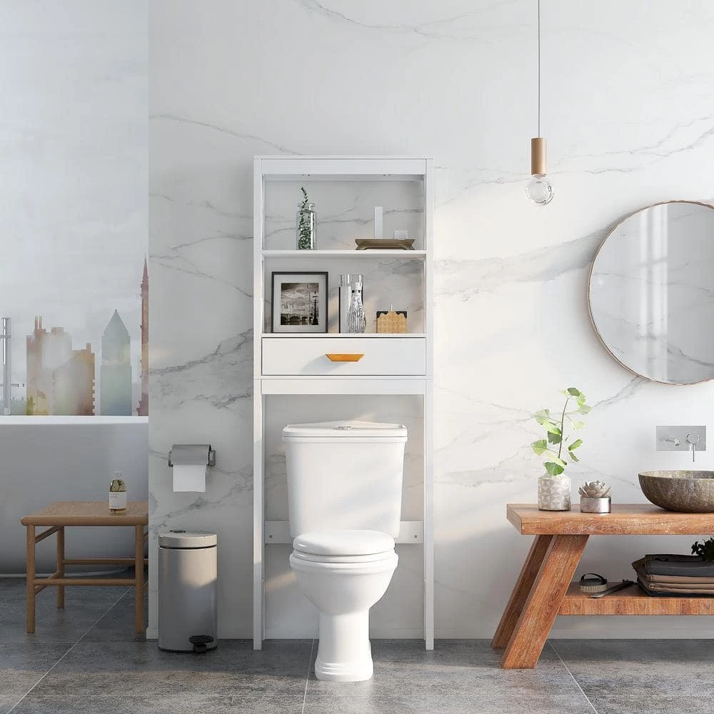 Unbranded 23.62 in. W x 64.96 in. H x 7.87 in. D White MDF Over the Toilet Storage Cabinet with a Drawer & 2 Shelves Bathroom Rack 4 Unbranded 23.62 in. W x 64.96 in. H x 7.87 in. D White MDF Over the Toilet Storage Cabinet with a Drawer & 2 Shelves Bathroom Rack - Image 2