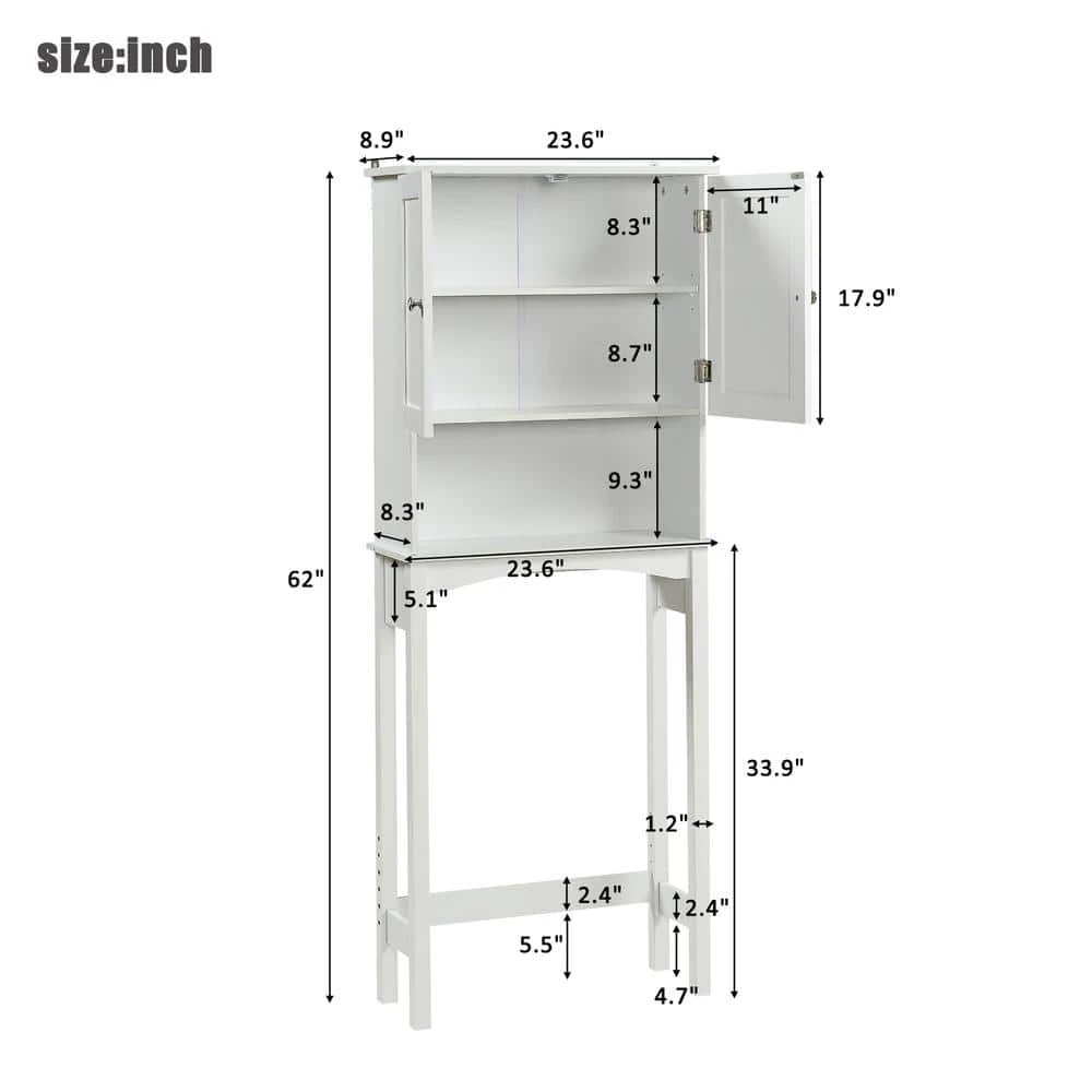 Maincraft 23.6 in. W x 62 in. H x 8.9 in. D White MDF Over-the-Toilet Storage with Adjustable Shelf 6 Maincraft 23.6 in. W x 62 in. H x 8.9 in. D White MDF Over-the-Toilet Storage with Adjustable Shelf - Image 4