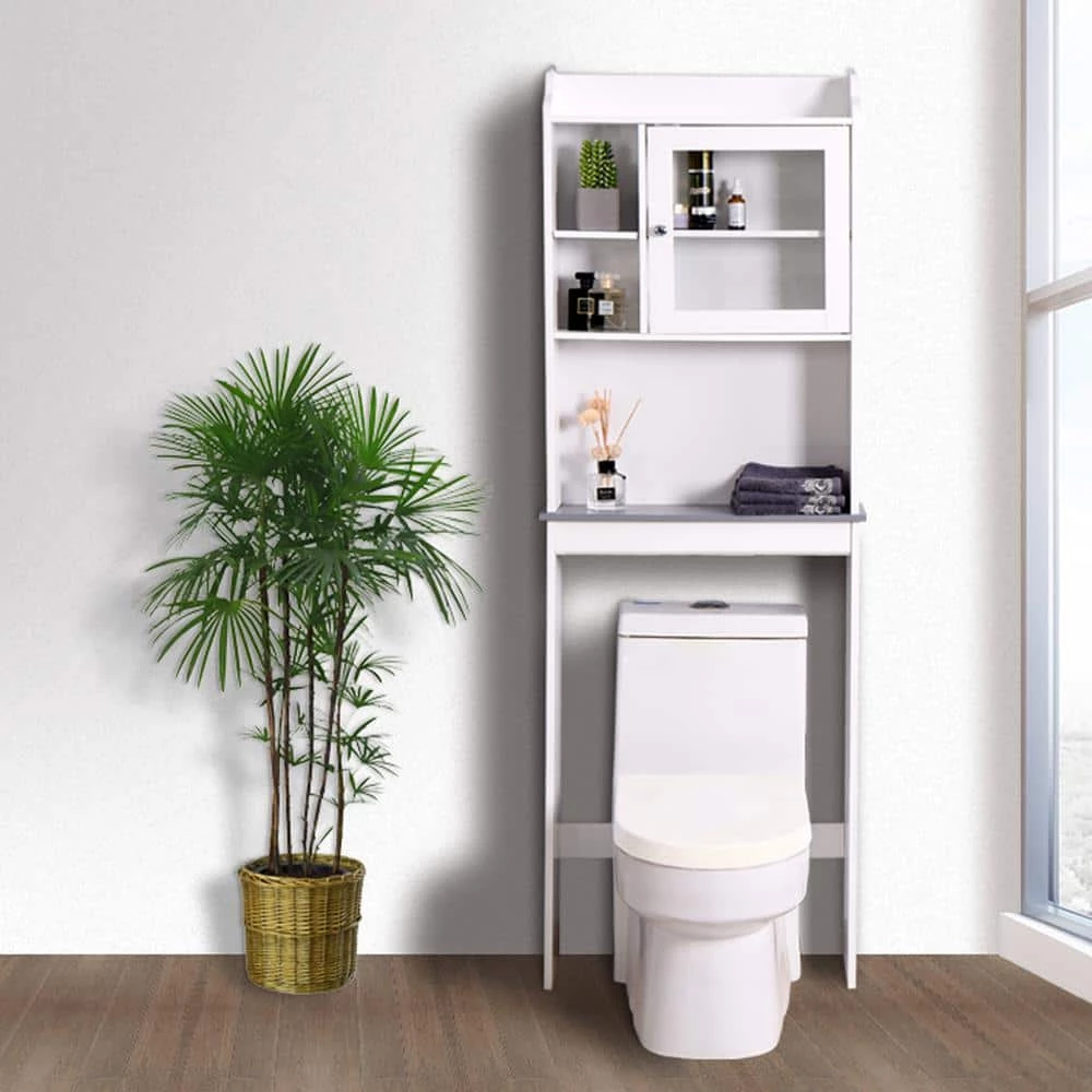 Aoibox 23.22 in. W x 68.11 in. H x 7.5 in. D White MDF Bathroom Over-the-Toilet Storage, with 3-Shelves and 1-Cabinet 4 Aoibox 23.22 in. W x 68.11 in. H x 7.5 in. D White MDF Bathroom Over-the-Toilet Storage, with 3-Shelves and 1-Cabinet - Image 2