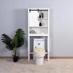 FORCLOVER 27 in. W x 67 in. H x 9 in. D White Wood Modern Over-the-Toilet Storage in White with Adjustable Shelves and Barn Door -Toilet Storage Shop white over the toilet storage tuemfzh38 31 1000