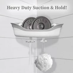 SlipX Solutions Suction Cup Corner Shower Basket Caddy with 2 Hooks, White -Toilet Storage Shop white slipx solutions shower caddies 14030 1 1f 1000
