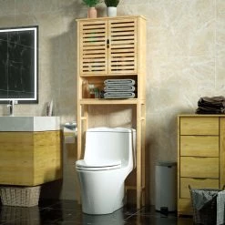 VEIKOUS 9.5 in. W x 66.9 in. H x 24.4 in. D Yellow Bamboo Over-the-Toilet Storage with Adjustable Shelf -Toilet Storage Shop yellow veikous over the toilet storage hp0904 08 fa 1000